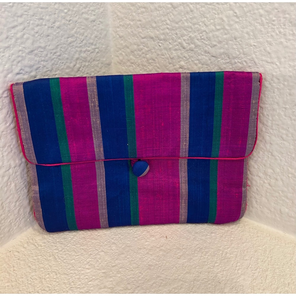 Vintage Silk Striped Envelope Clutch Bag Pink Blue Green Made in India RN 42269